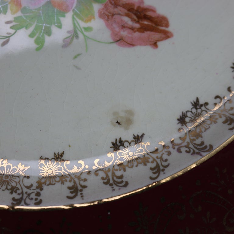 Six Atlas Burgundy & Gilt Rim China Dinner Plates with Floral Well