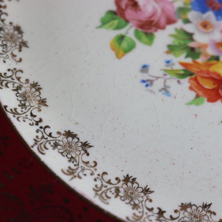 Six Atlas Burgundy & Gilt Rim China Dinner Plates with Floral Well
