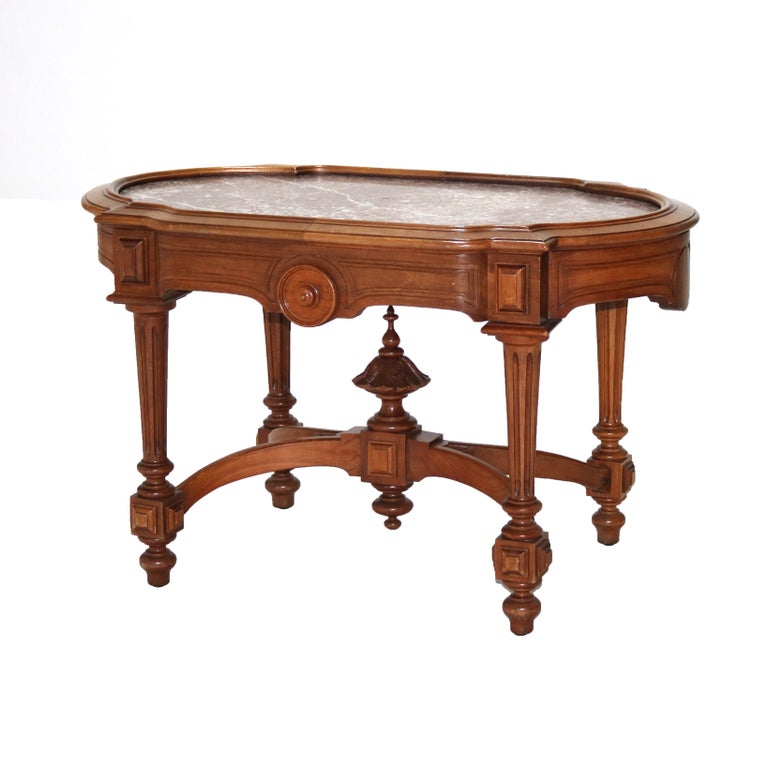Antique Renaissance Revival Walnut Rouge Marble Parlor Table & Picture Frame Top