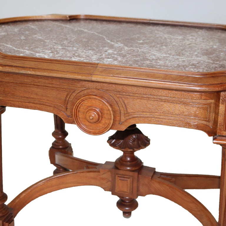 Antique Renaissance Revival Walnut Rouge Marble Parlor Table & Picture Frame Top