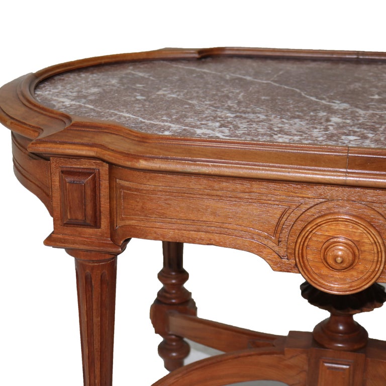 Antique Renaissance Revival Walnut Rouge Marble Parlor Table & Picture Frame Top