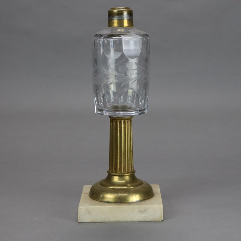 Two Antique Etched & Cut Glass Brass Kerosene Lamps with Marble Bases C1880