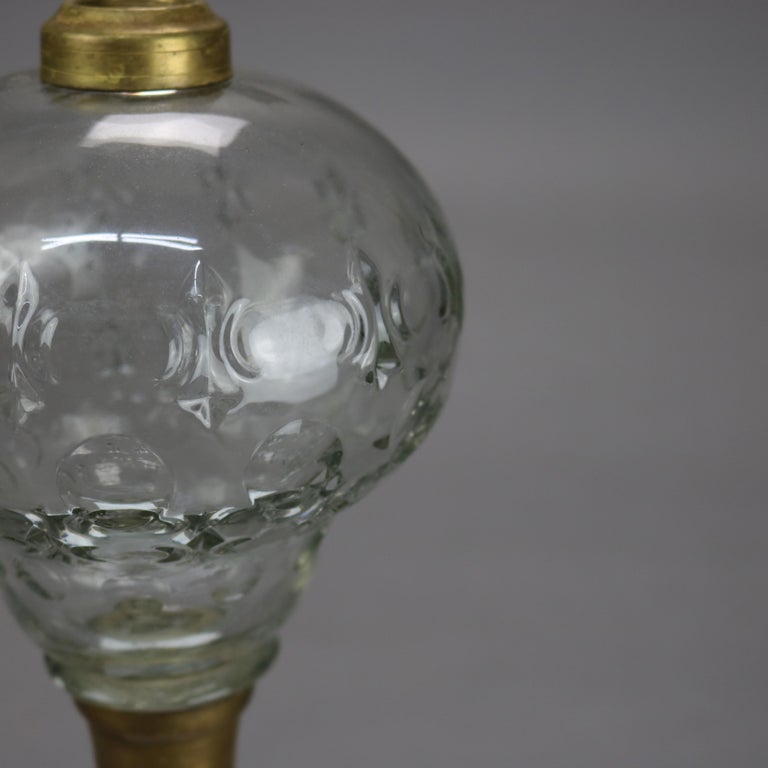 Two Antique Etched & Cut Glass Brass Kerosene Lamps with Marble Bases C1880