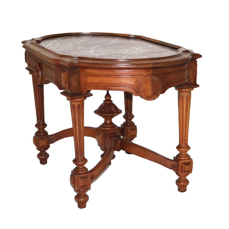 Antique Renaissance Revival Walnut Rouge Marble Parlor Table & Picture Frame Top