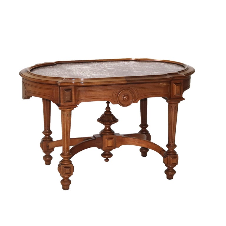 Antique Renaissance Revival Walnut Rouge Marble Parlor Table & Picture Frame Top