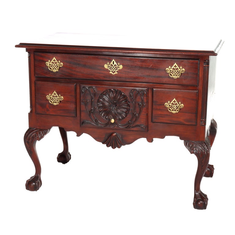 Antique Chippendale Low Boy with Carved Shell & Floral Mahogany C1920