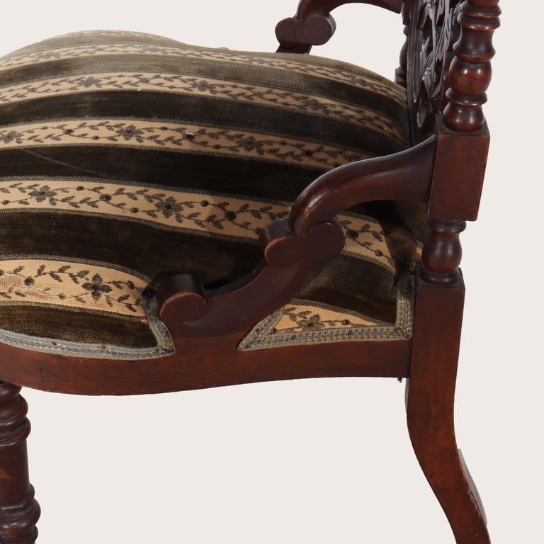 Two Antique Renaissance Revival Reticulated Walnut Armorial Side Chairs C1870