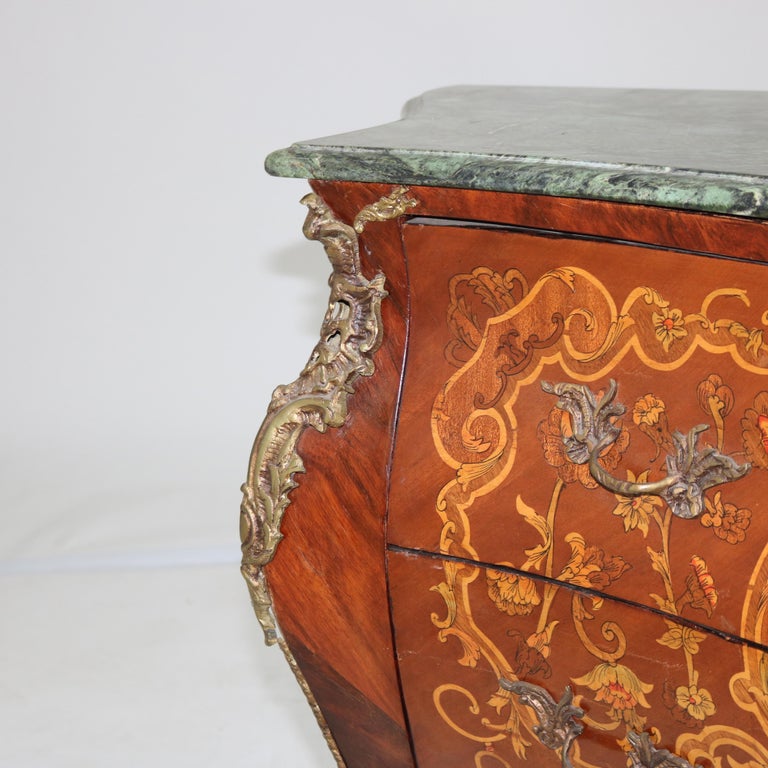 Louis XIV Style Kingwood, Ormolu, Marble & Satinwood Inlaid Bombe Commode 20thC