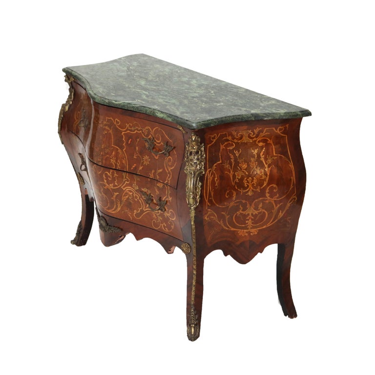 Louis XIV Style Kingwood, Ormolu, Marble & Satinwood Inlaid Bombe Commode 20thC