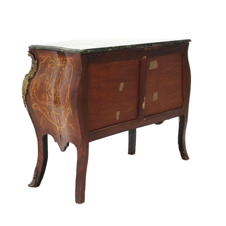 Louis XIV Style Kingwood, Ormolu, Marble & Satinwood Inlaid Bombe Commode 20thC