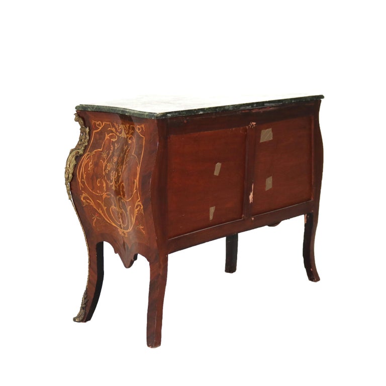 Louis XIV Style Kingwood, Ormolu, Marble & Satinwood Inlaid Bombe Commode 20thC