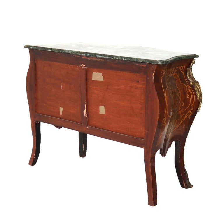 Louis XIV Style Kingwood, Ormolu, Marble & Satinwood Inlaid Bombe Commode 20thC