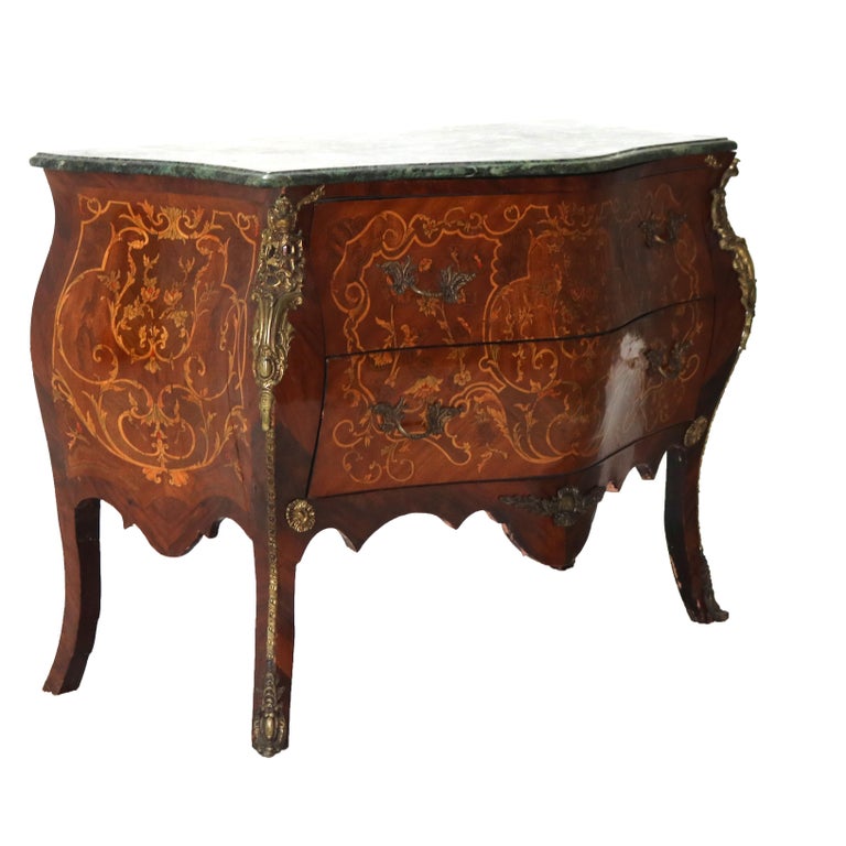 Louis XIV Style Kingwood, Ormolu, Marble & Satinwood Inlaid Bombe Commode 20thC