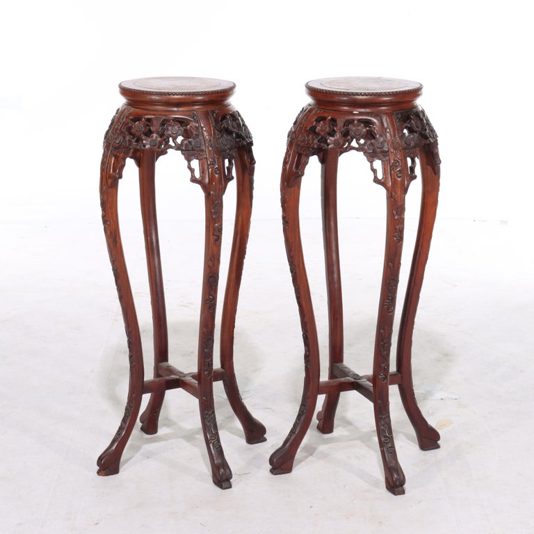 Pair of Antique Chinese Carved Rosewood & Rouge Marble Sculpture Stands C1920