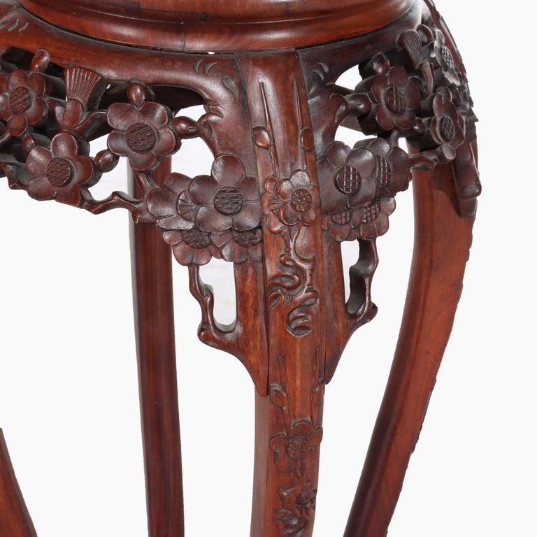 Pair of Antique Chinese Carved Rosewood & Rouge Marble Sculpture Stands C1920