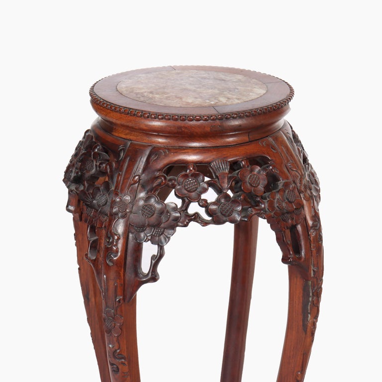 Pair of Antique Chinese Carved Rosewood & Rouge Marble Sculpture Stands C1920