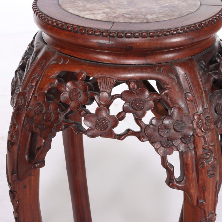 Pair of Antique Chinese Carved Rosewood & Rouge Marble Sculpture Stands C1920