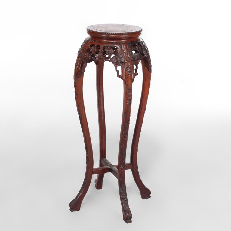 Pair of Antique Chinese Carved Rosewood & Rouge Marble Sculpture Stands C1920
