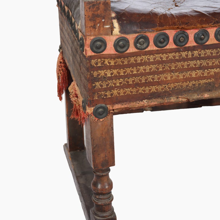 Antique Continental Walnut & Leather Throne Chair with Gilt Highlights 17thC