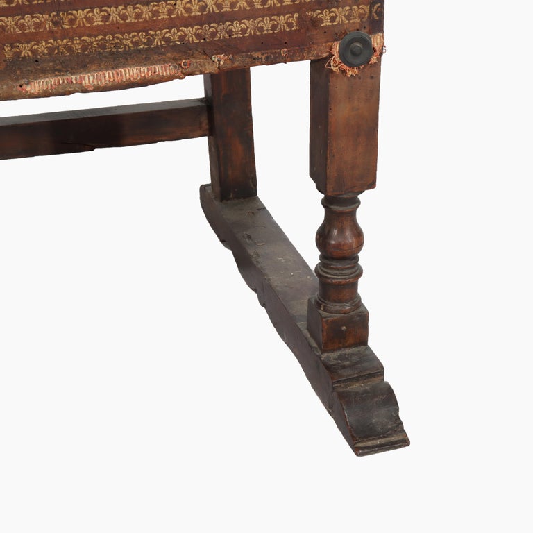 Antique Continental Walnut & Leather Throne Chair with Gilt Highlights 17thC