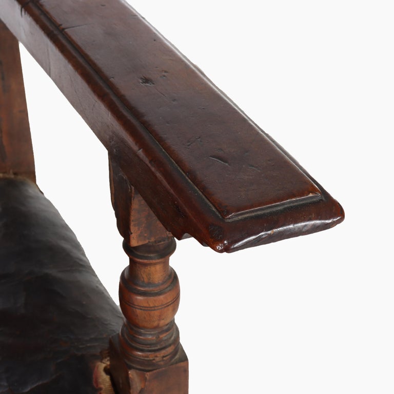 Antique Continental Walnut & Leather Throne Chair with Gilt Highlights 17thC