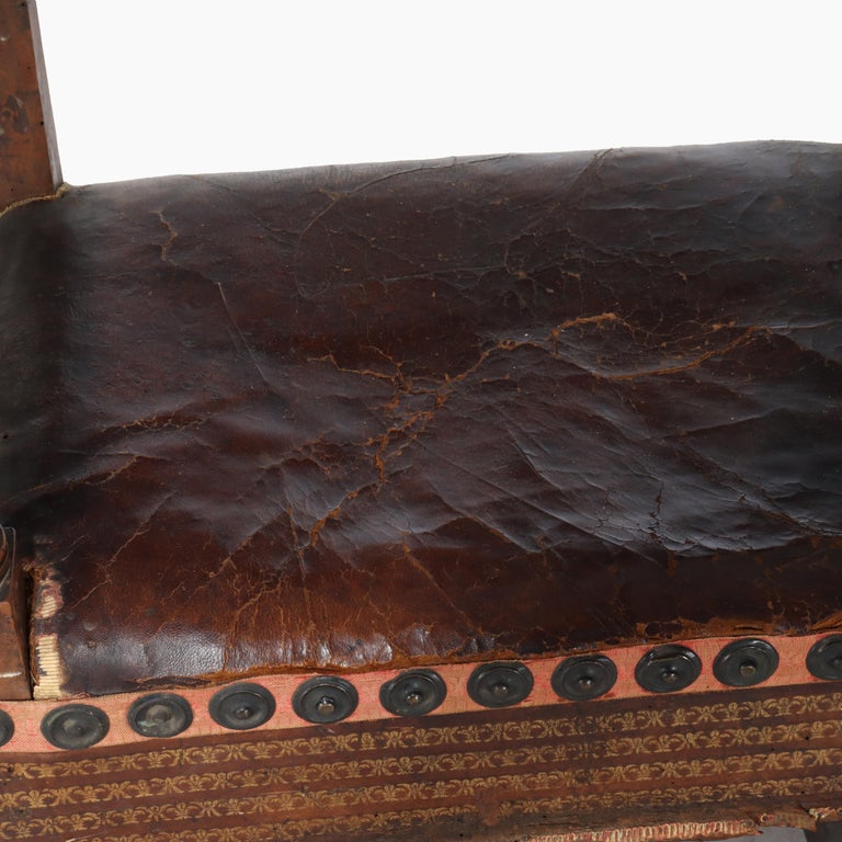 Antique Continental Walnut & Leather Throne Chair with Gilt Highlights 17thC