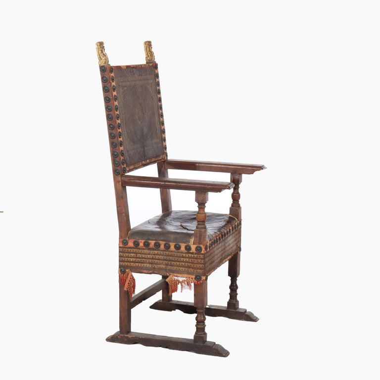 Antique Continental Walnut & Leather Throne Chair with Gilt Highlights 17thC