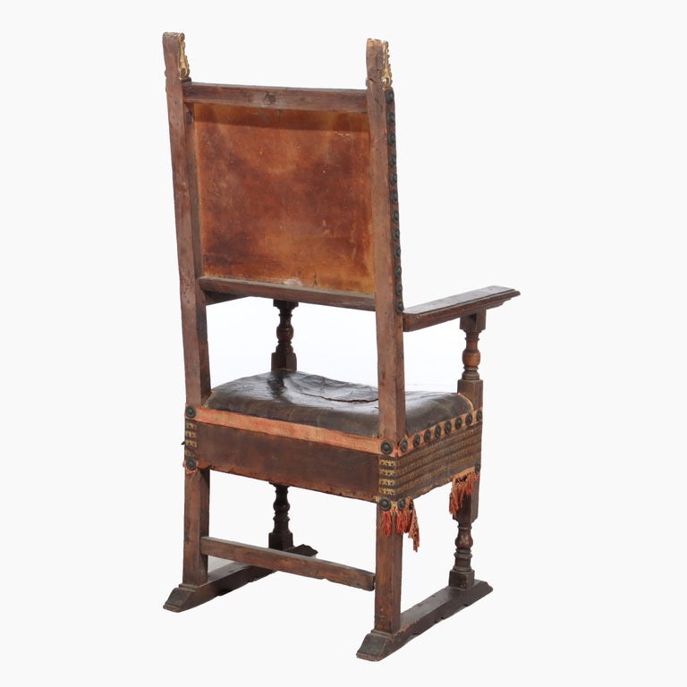 Antique Continental Walnut & Leather Throne Chair with Gilt Highlights 17thC
