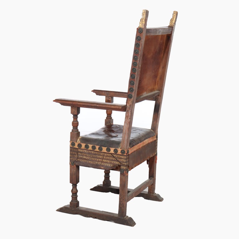 Antique Continental Walnut & Leather Throne Chair with Gilt Highlights 17thC