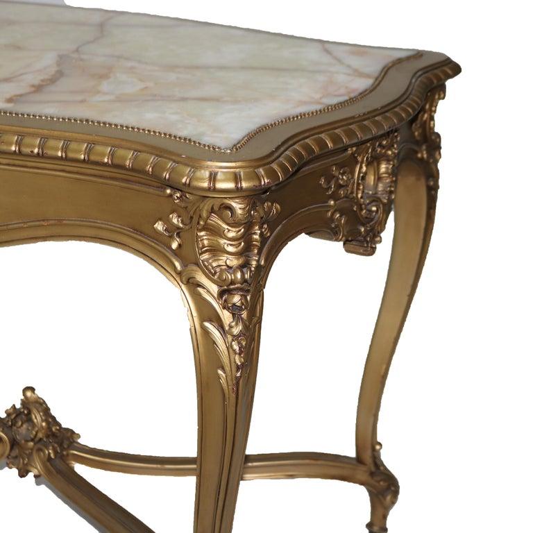 Antique Louis XIV Giltwood & Inset Onyx Parlor Table with Foliate Elements C1890