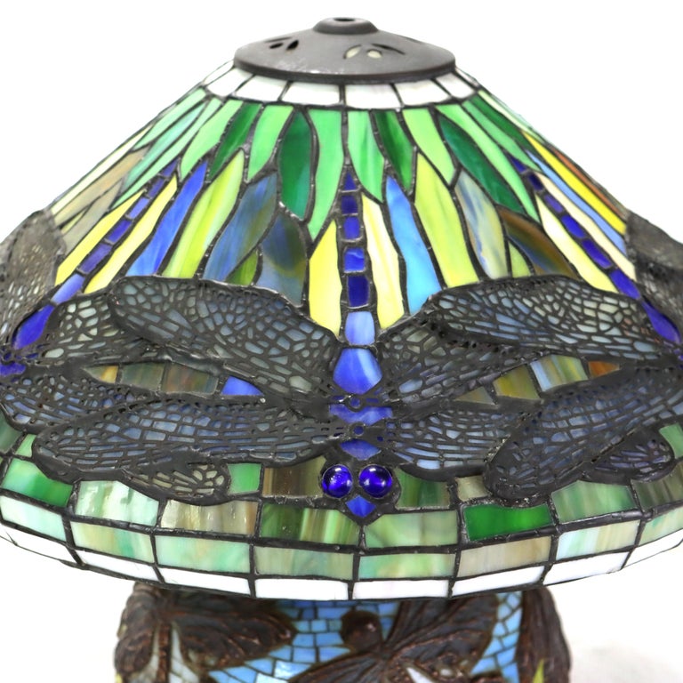 Tiffany Style Leaded Glass Table Lamp with Dragonfly Pattern 20thC