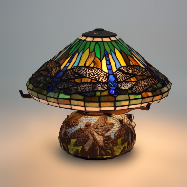 Tiffany Style Leaded Glass Table Lamp with Dragonfly Pattern 20thC