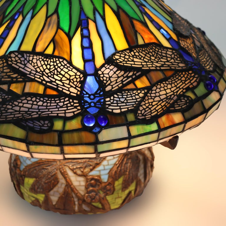 Tiffany Style Leaded Glass Table Lamp with Dragonfly Pattern 20thC