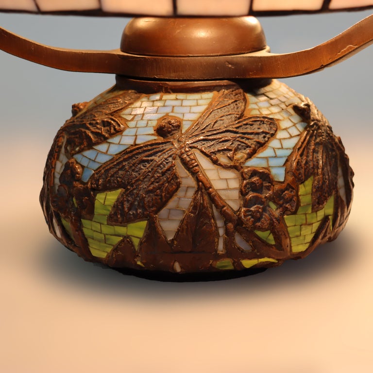 Tiffany Style Leaded Glass Table Lamp with Dragonfly Pattern 20thC