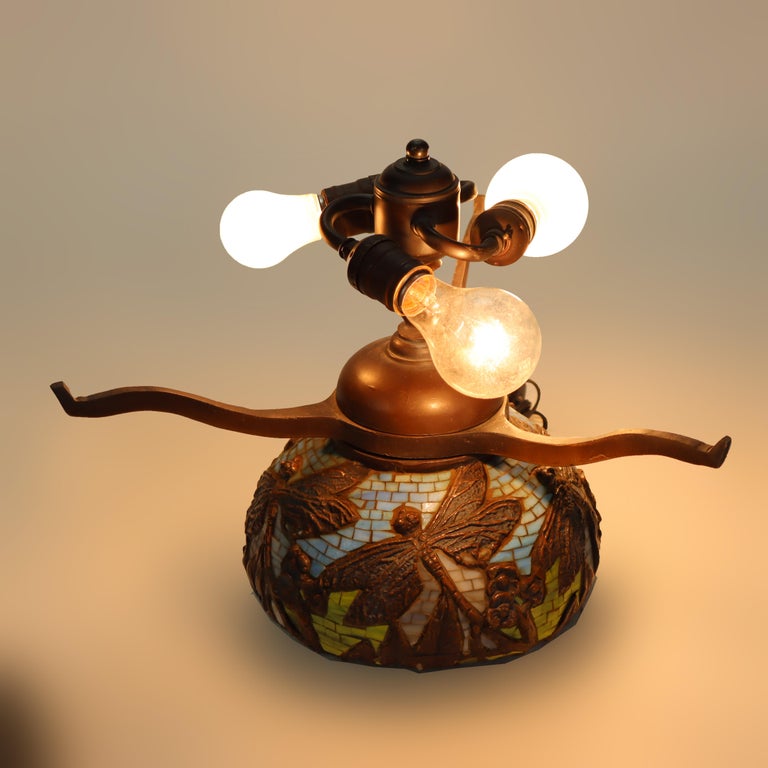 Tiffany Style Leaded Glass Table Lamp with Dragonfly Pattern 20thC