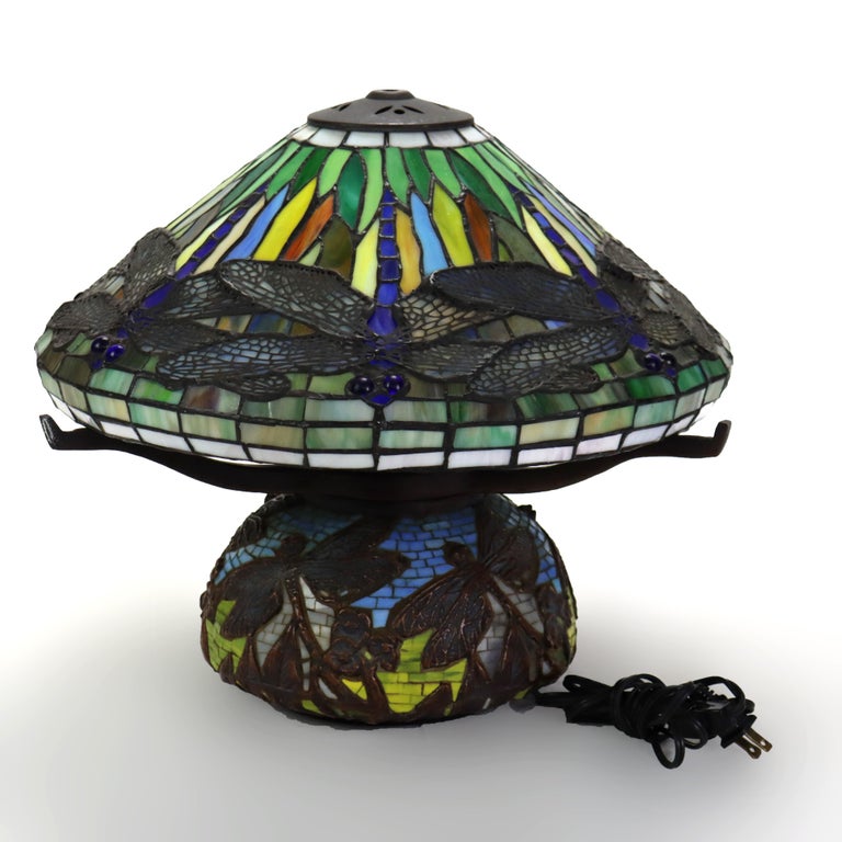 Tiffany Style Leaded Glass Table Lamp with Dragonfly Pattern 20thC