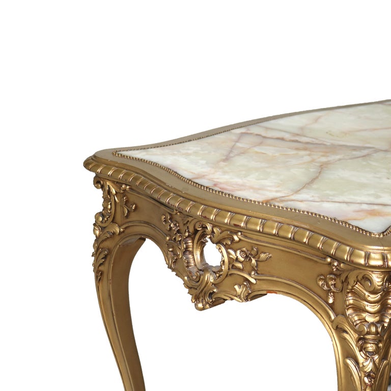 Antique Louis XIV Giltwood & Inset Onyx Parlor Table with Foliate Elements C1890