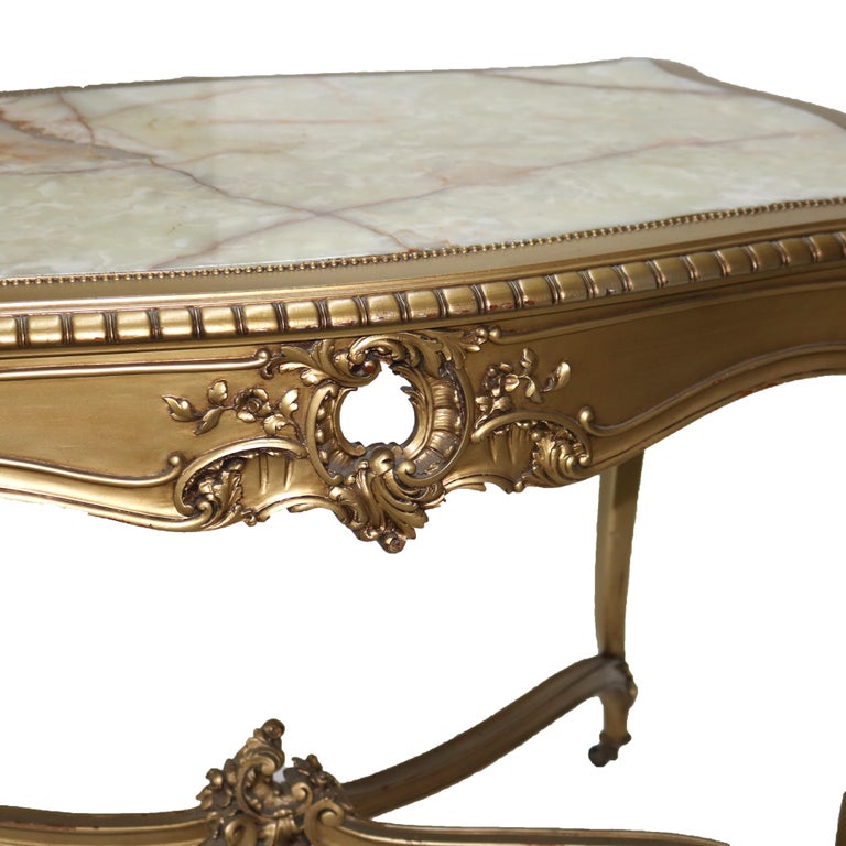 Antique Louis XIV Giltwood & Inset Onyx Parlor Table with Foliate Elements C1890