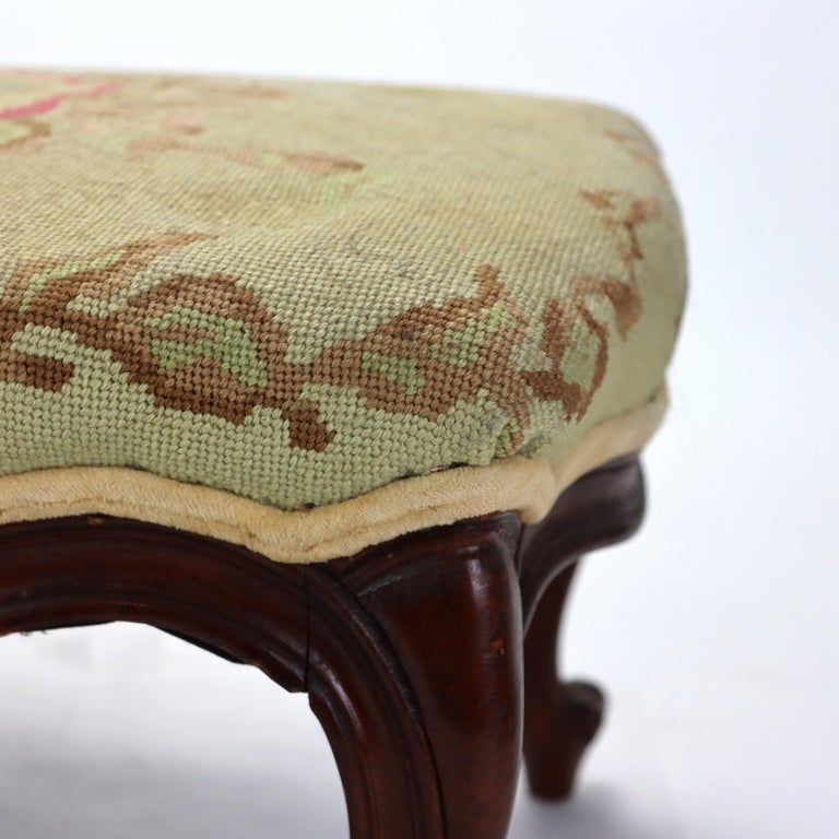 Antique Victorian Rococo Style Carved Walnut Tapestry Footstool C1890