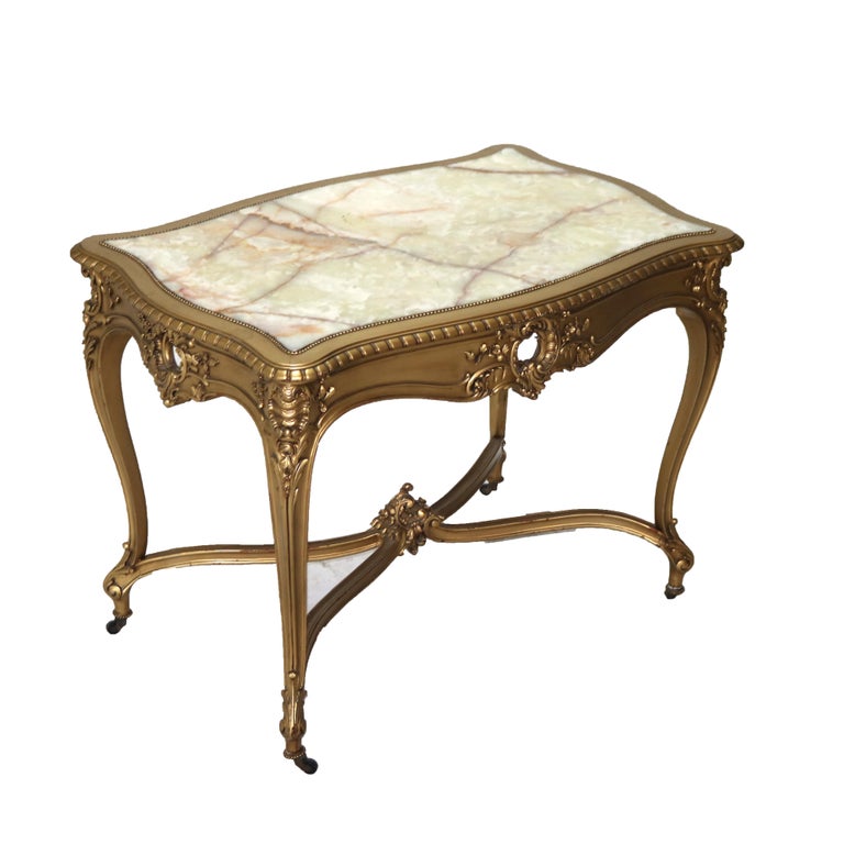 Antique Louis XIV Giltwood & Inset Onyx Parlor Table with Foliate Elements C1890