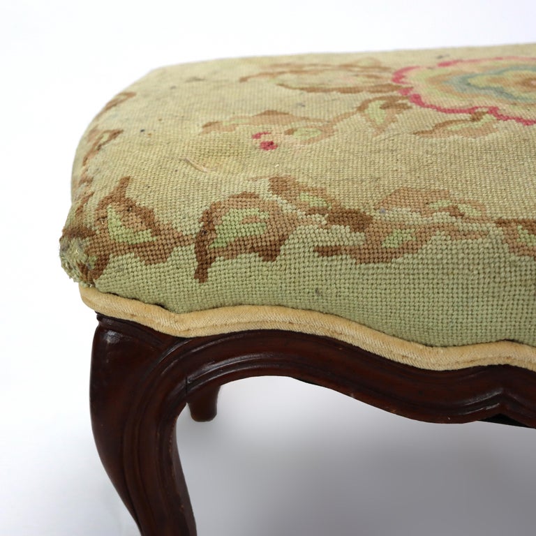 Antique Victorian Rococo Style Carved Walnut Tapestry Footstool C1890