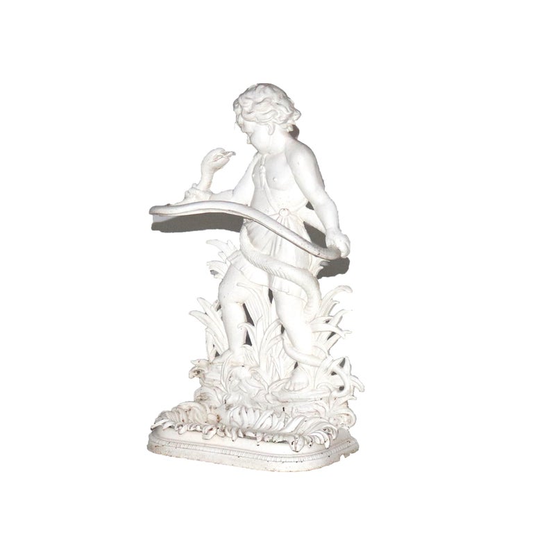 Antique Classical Figural Cherub & Snake Painted Wrought Iron Umbrella Stand
