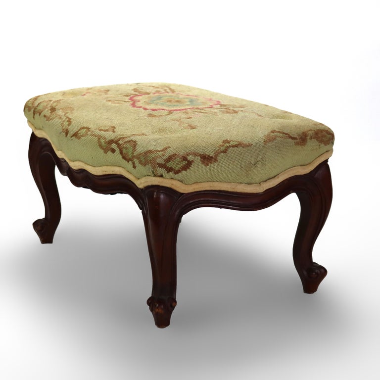 Antique Victorian Rococo Style Carved Walnut Tapestry Footstool C1890