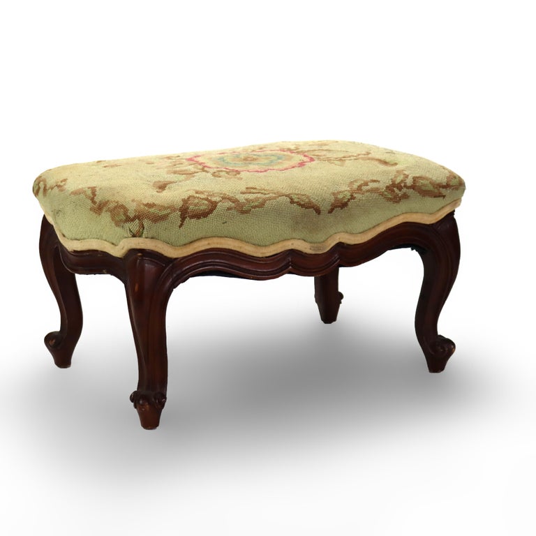 Antique Victorian Rococo Style Carved Walnut Tapestry Footstool C1890