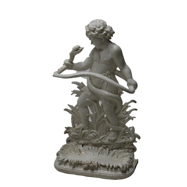 Antique Classical Figural Cherub & Snake Painted Wrought Iron Umbrella Stand