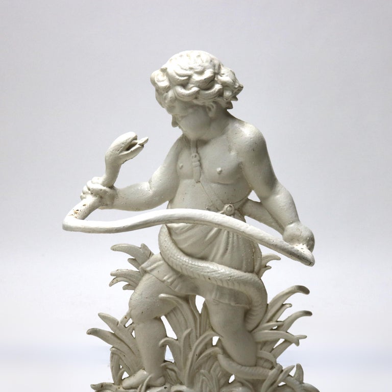Antique Classical Figural Cherub & Snake Painted Wrought Iron Umbrella Stand