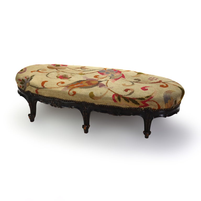 Antique Louis XIV Style Carved Walnut Tapestry Long Footstool C1890