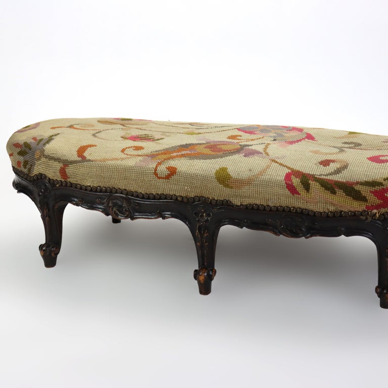 Antique Louis XIV Style Carved Walnut Tapestry Long Footstool C1890