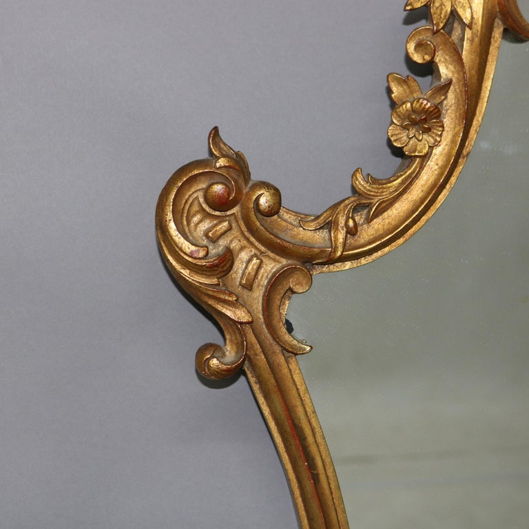 Antique Louis XIV Style Giltwood Shield Form Mirror with Foliate Elements C1930