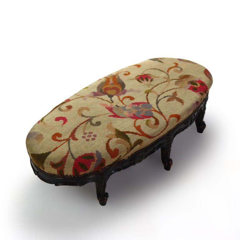 Antique Louis XIV Style Carved Walnut Tapestry Long Footstool C1890
